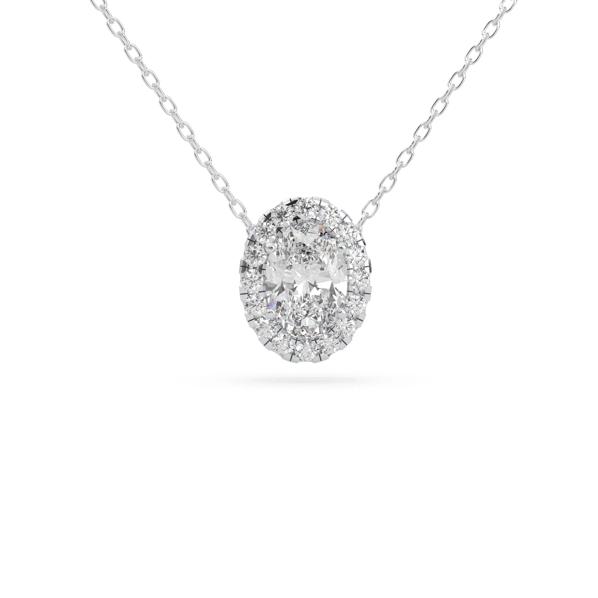 Oval cut lab grown diamond halo pendant necklace with round diamond halo and prong setting in white gold tone.