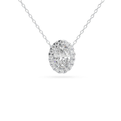 Oval cut lab grown diamond halo pendant necklace with round diamond halo and prong setting in white gold tone.