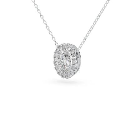 Oval cut lab grown diamond halo pendant necklace with round diamond halo and prong setting in white gold tone.
