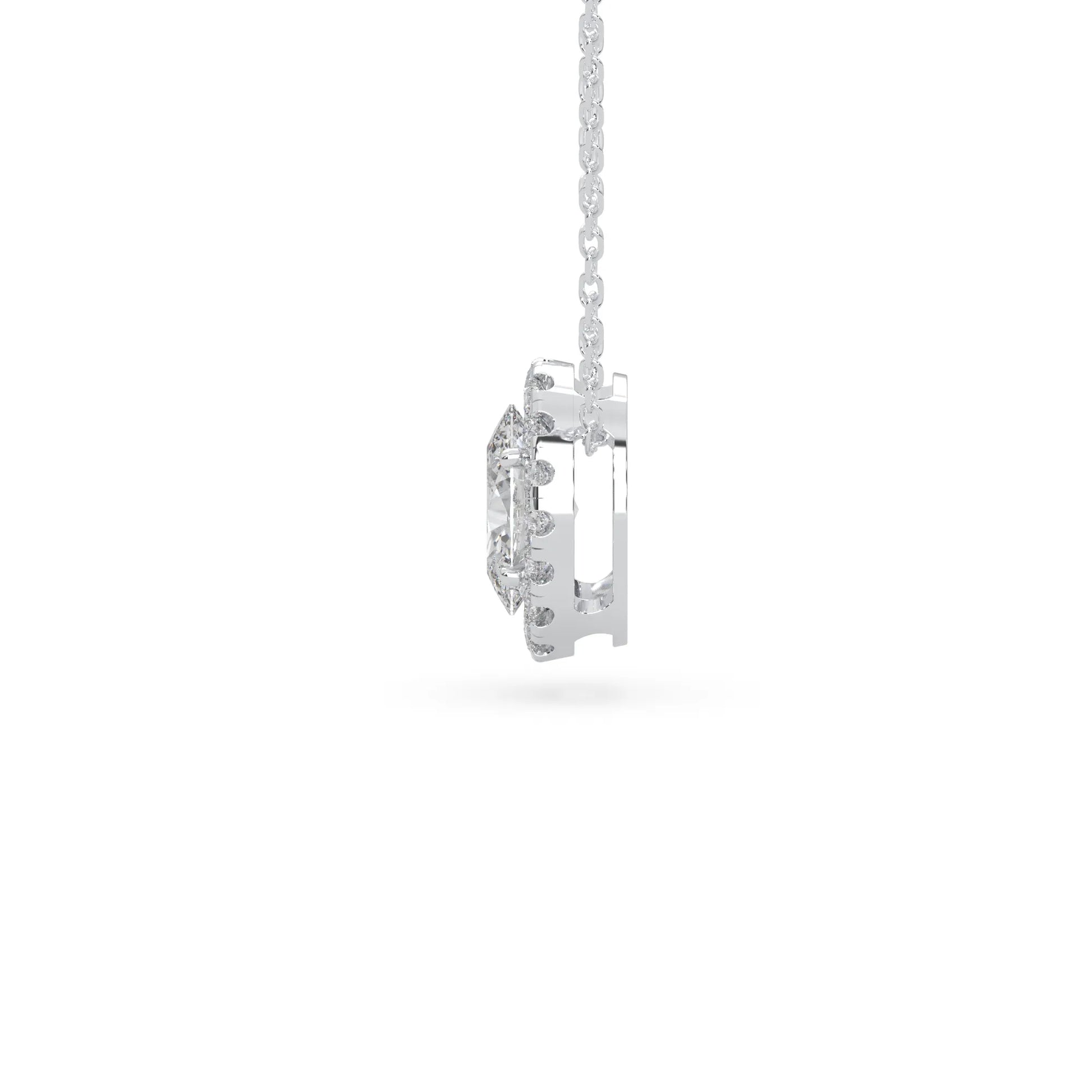 Oval cut lab grown diamond halo pendant necklace with round diamond halo and prong setting in white gold tone.