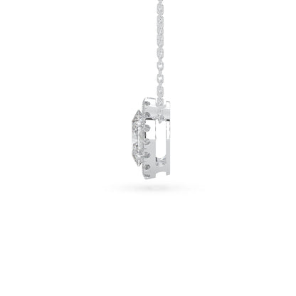 Oval cut lab grown diamond halo pendant necklace with round diamond halo and prong setting in white gold tone.