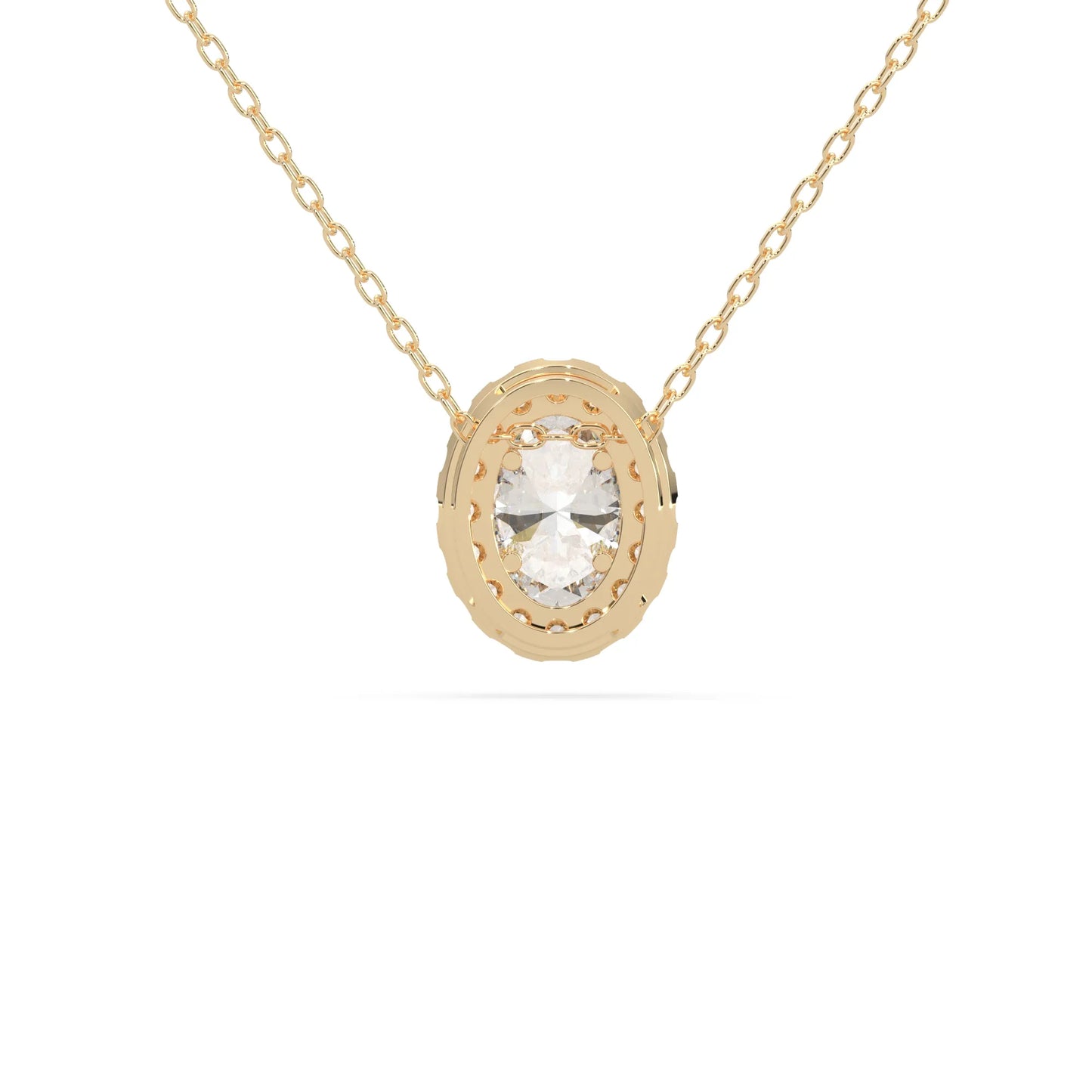 Oval cut lab grown diamond halo pendant necklace with round diamond halo and prong setting in yellow gold tone.