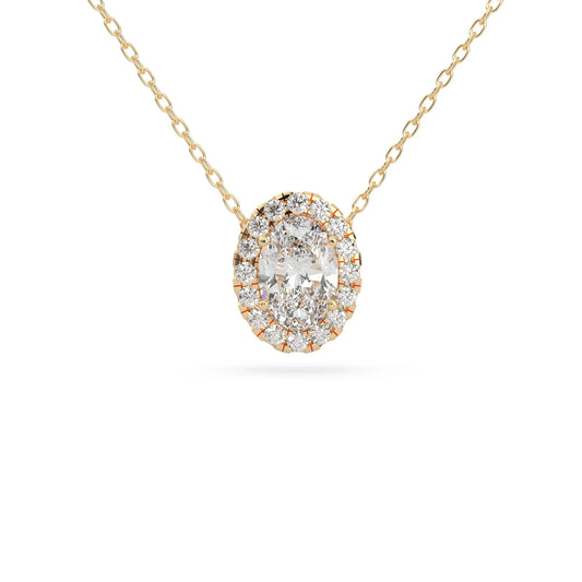 Oval cut lab grown diamond halo pendant necklace with round diamond halo and prong setting in yellow gold tone.