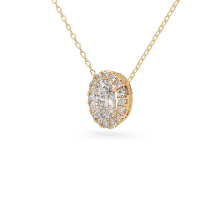 Oval cut lab grown diamond halo pendant necklace with round diamond halo and prong setting in yellow gold tone.