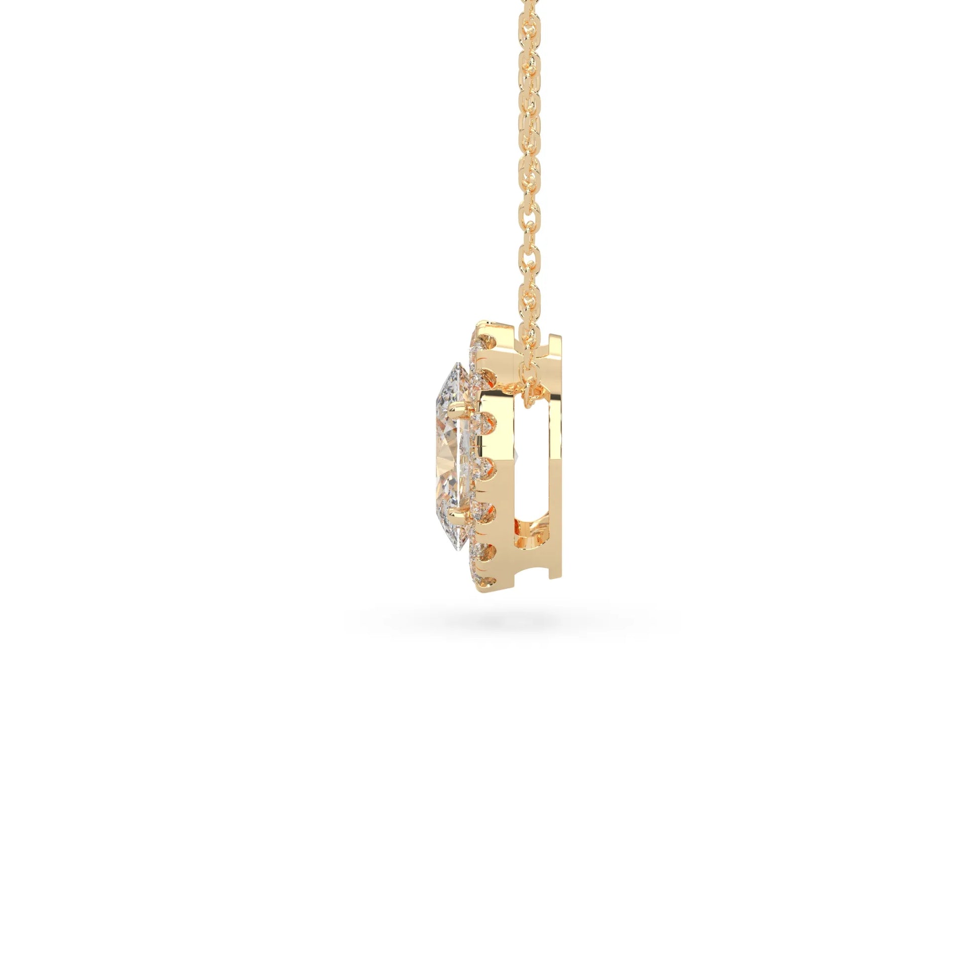 Oval cut lab grown diamond halo pendant necklace with round diamond halo and prong setting in yellow gold tone.