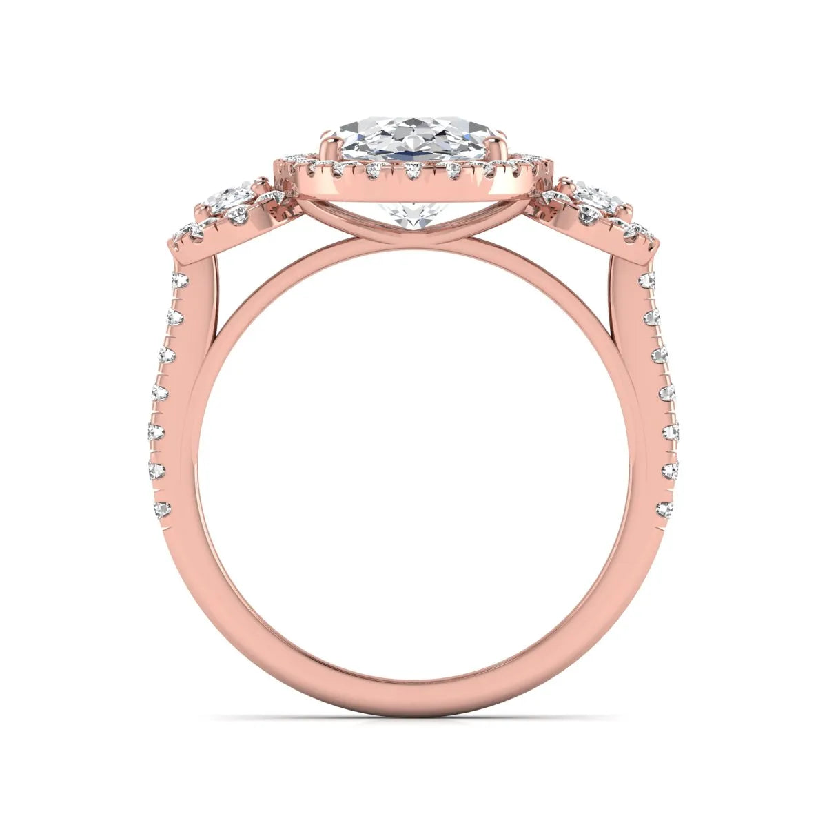Oval cut lab grown diamond three stone engagement ring featuring a halo center, halo oval side diamonds, pavé shoulders, and a polished rose gold tone band.