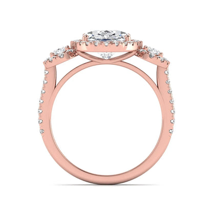 Oval cut lab grown diamond three stone engagement ring featuring a halo center, halo oval side diamonds, pavé shoulders, and a polished rose gold tone band.