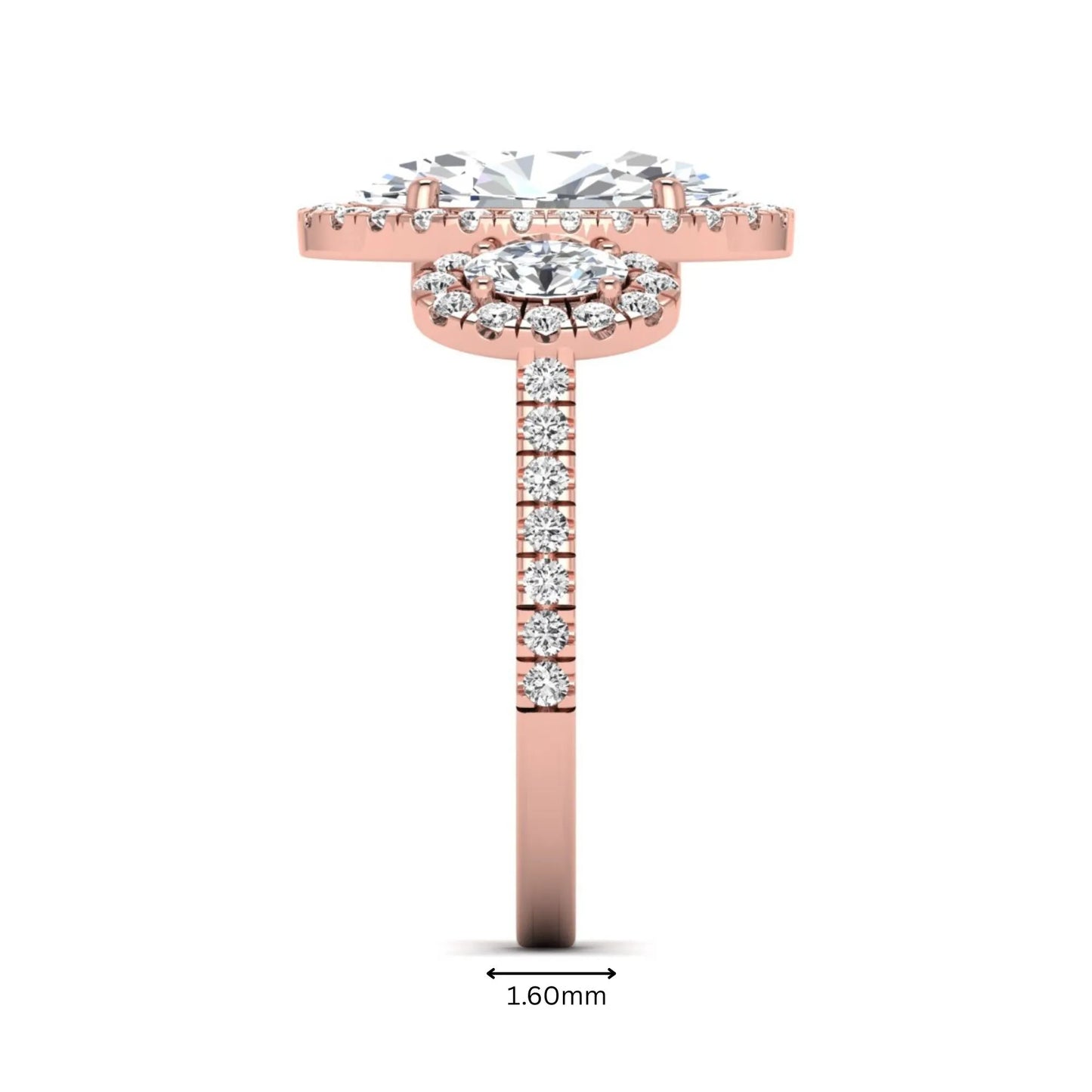 Oval cut lab grown diamond three stone engagement ring featuring a halo center, halo oval side diamonds, pavé shoulders, and a polished rose gold tone band.