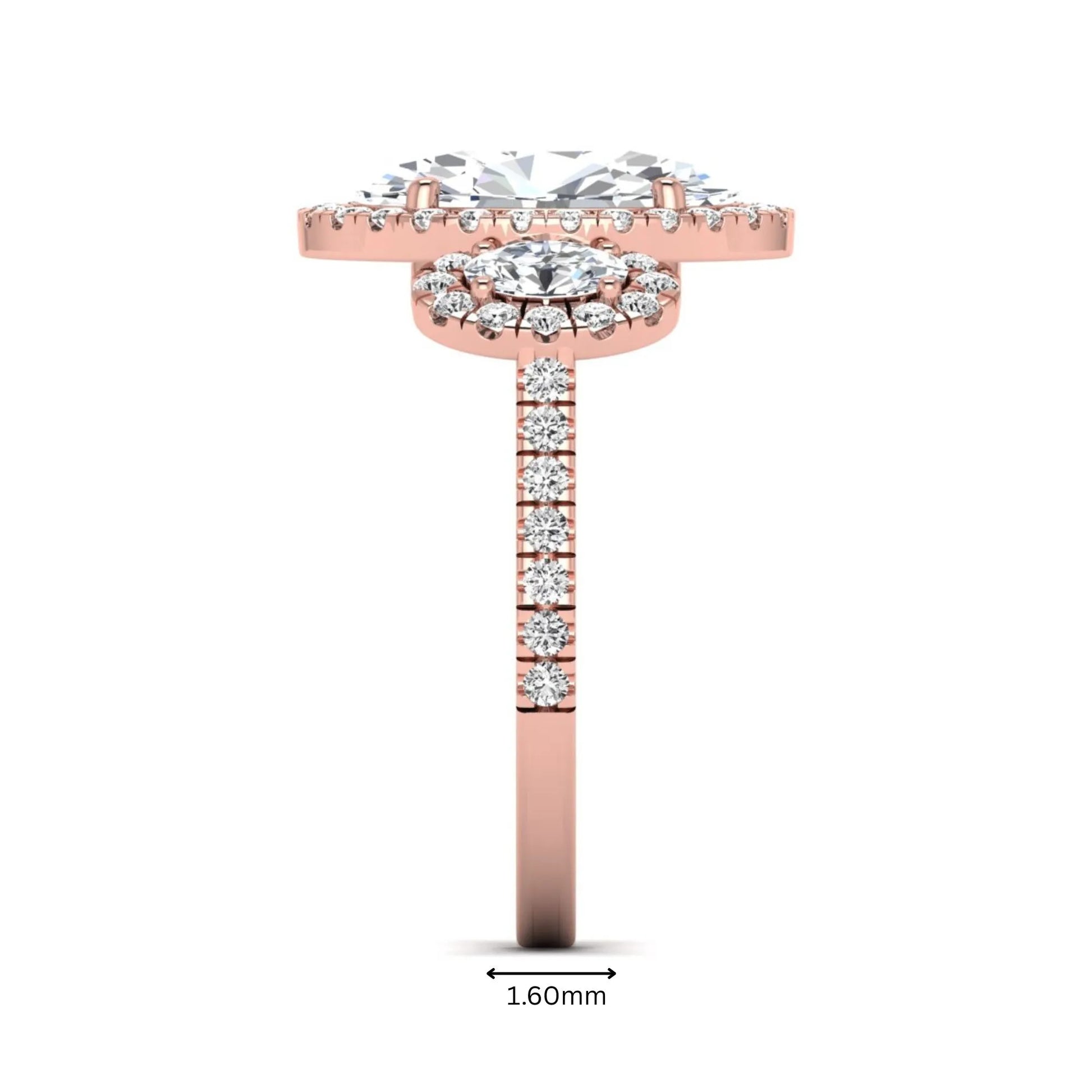 Oval cut lab grown diamond three stone engagement ring featuring a halo center, halo oval side diamonds, pavé shoulders, and a polished rose gold tone band.