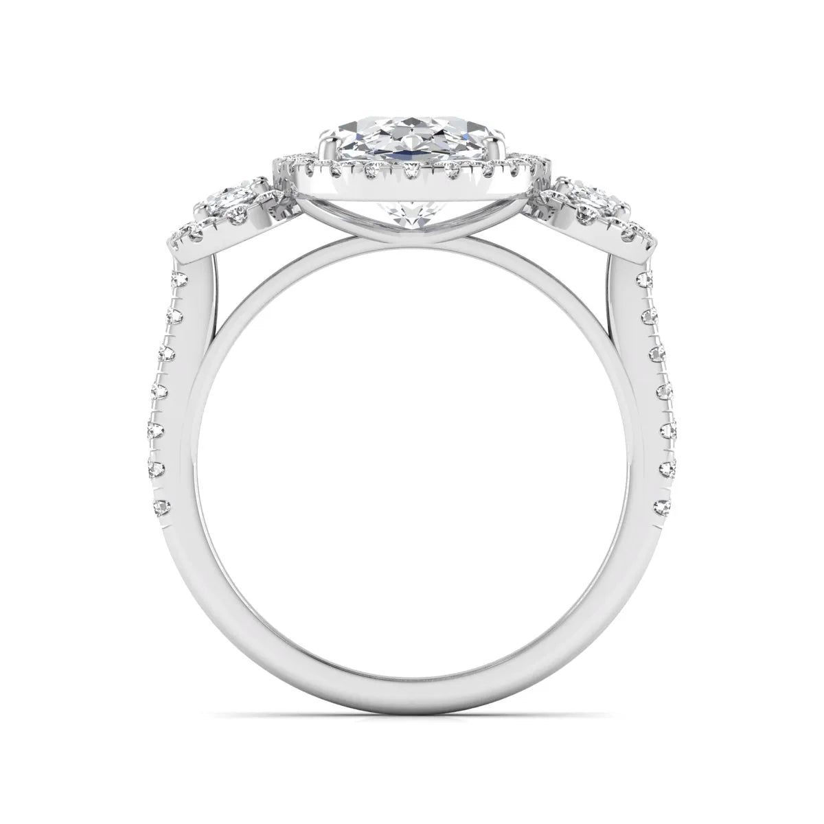 Oval cut lab grown diamond three stone engagement ring featuring a halo center, halo oval side diamonds, pavé shoulders, and a polished white gold tone band.