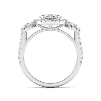 Oval cut lab grown diamond three stone engagement ring featuring a halo center, halo oval side diamonds, pavé shoulders, and a polished white gold tone band.