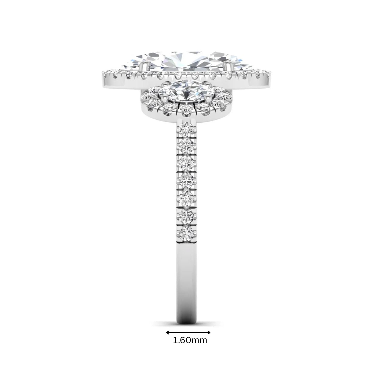 Oval cut lab grown diamond three stone engagement ring featuring a halo center, halo oval side diamonds, pavé shoulders, and a polished white gold tone band.