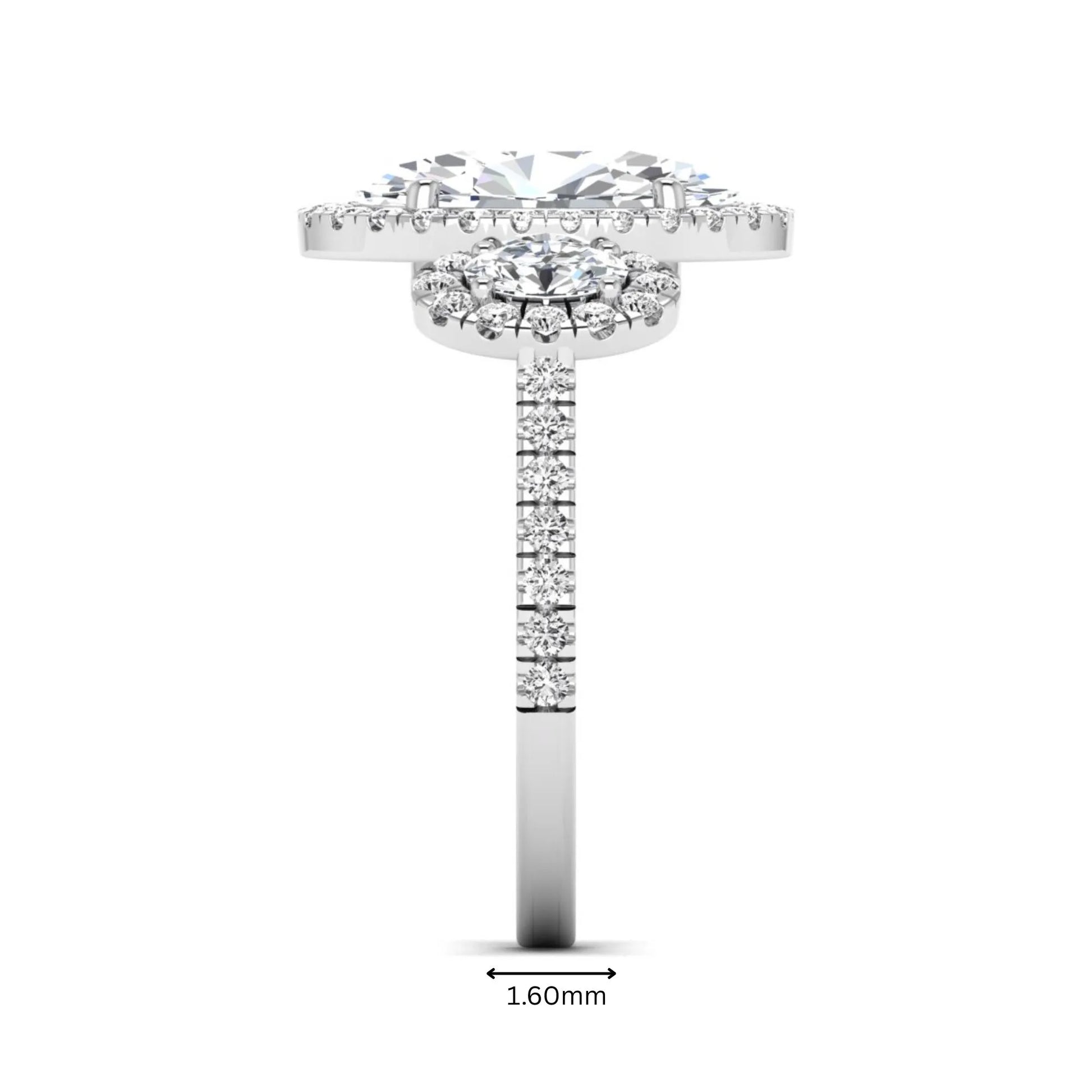 Oval cut lab grown diamond three stone engagement ring featuring a halo center, halo oval side diamonds, pavé shoulders, and a polished white gold tone band.