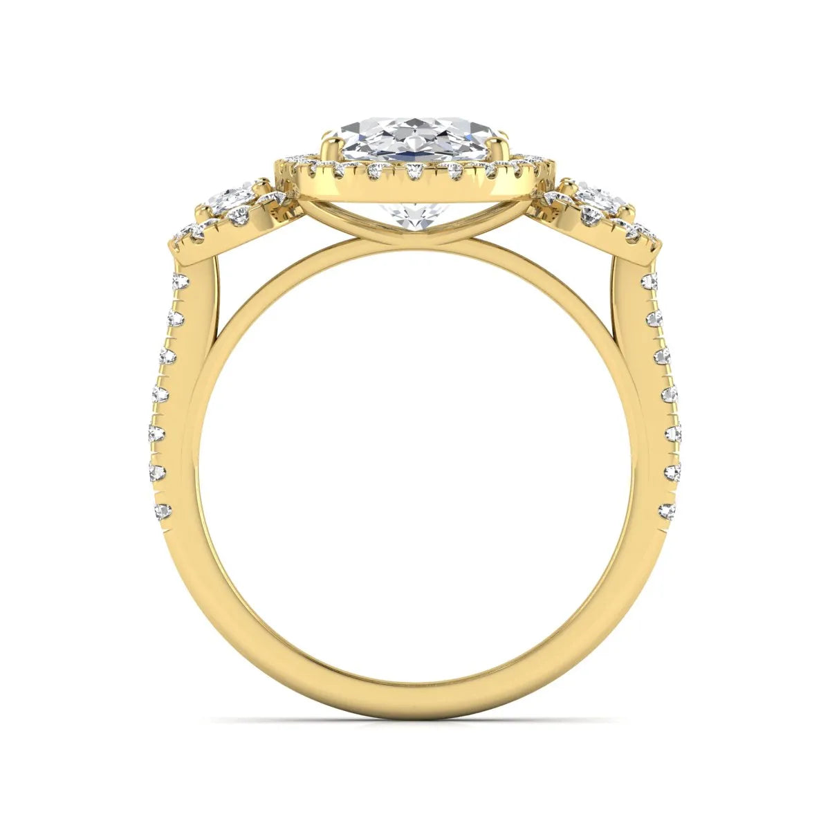 Oval cut lab grown diamond three stone engagement ring featuring a halo center, halo oval side diamonds, pavé shoulders, and a polished yellow gold tone band.