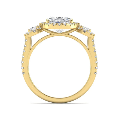 Oval cut lab grown diamond three stone engagement ring featuring a halo center, halo oval side diamonds, pavé shoulders, and a polished yellow gold tone band.