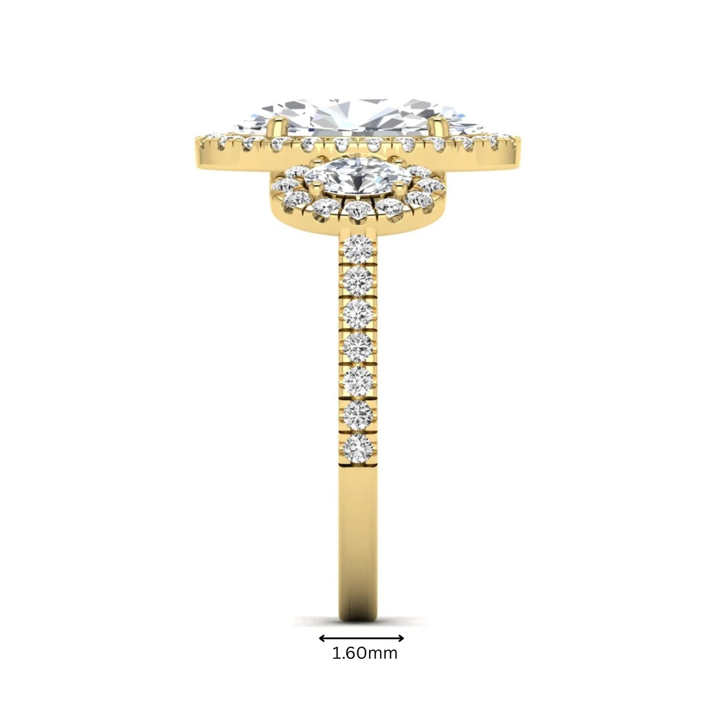 Oval cut lab grown diamond three stone engagement ring featuring a halo center, halo oval side diamonds, pavé shoulders, and a polished yellow gold tone band.