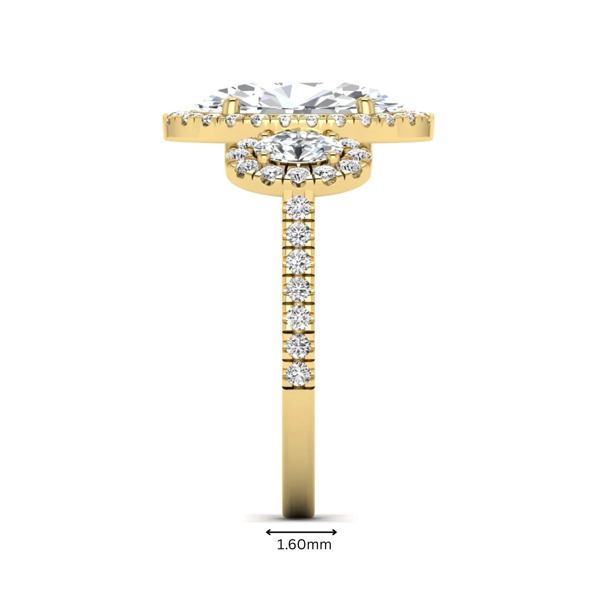 Oval cut lab grown diamond three stone engagement ring featuring a halo center, halo oval side diamonds, pavé shoulders, and a polished yellow gold tone band.