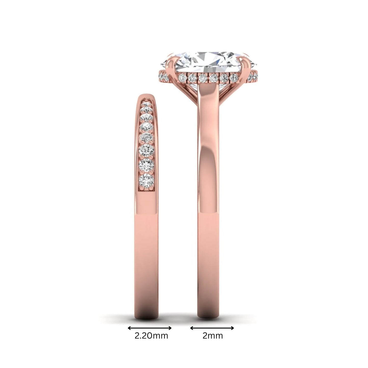 IGI Certified 2.54 carat oval cut lab grown diamond hidden halo bridal ring set with matching diamond wedding band in rose gold.