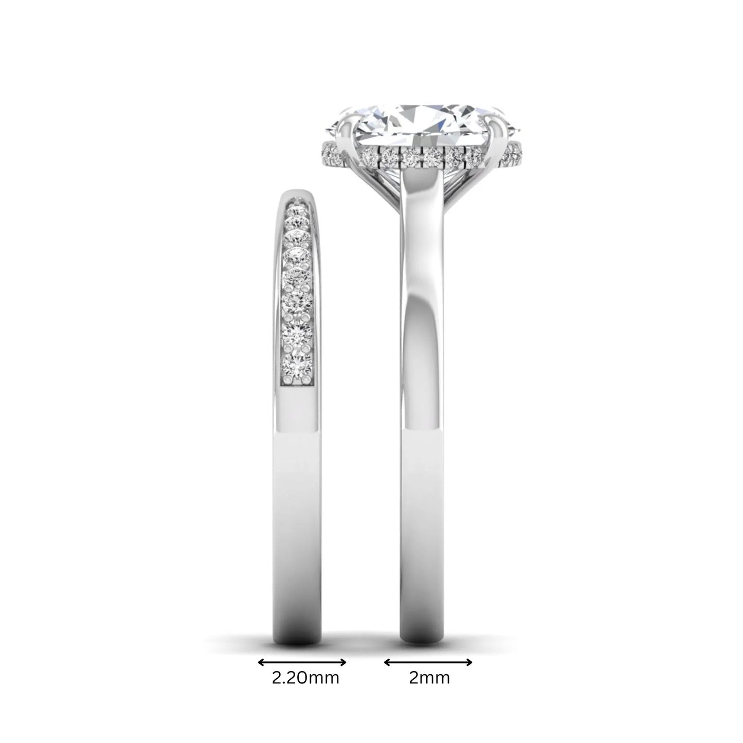 IGI Certified 2.54 carat oval cut lab grown diamond hidden halo bridal ring set with matching diamond wedding band in white gold.