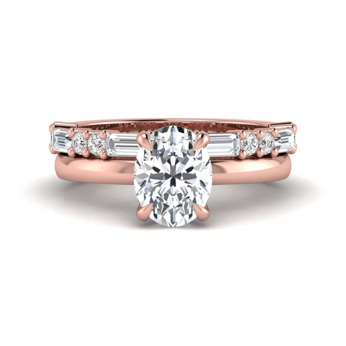 Oval cut lab grown diamond hidden halo bridal ring set featuring baguette and round side diamonds in rose gold tone design.