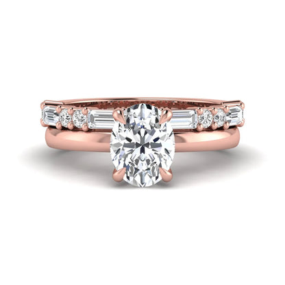 Oval cut lab grown diamond hidden halo bridal ring set featuring baguette and round side diamonds in rose gold tone design.