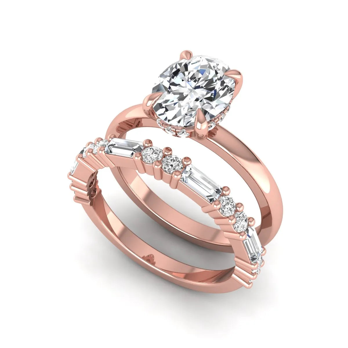 Oval cut lab grown diamond hidden halo bridal ring set featuring baguette and round side diamonds in rose gold tone design.