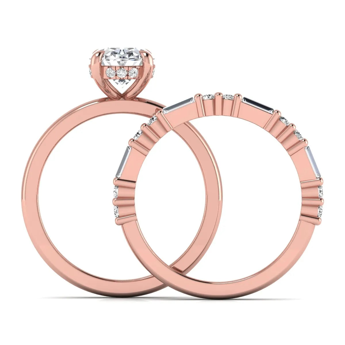 Oval cut lab grown diamond hidden halo bridal ring set featuring baguette and round side diamonds in rose gold tone design.