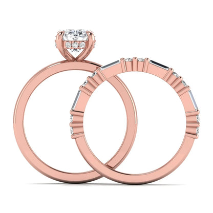 Oval cut lab grown diamond hidden halo bridal ring set featuring baguette and round side diamonds in rose gold tone design.