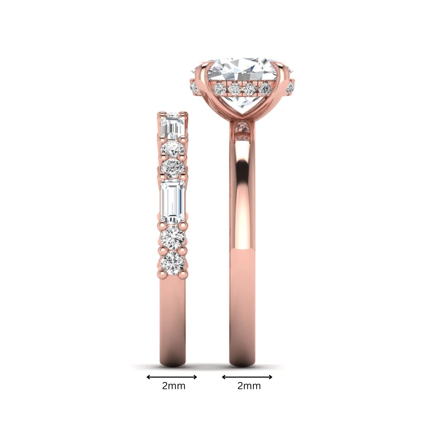 Oval cut lab grown diamond hidden halo bridal ring set featuring baguette and round side diamonds in rose gold tone design.