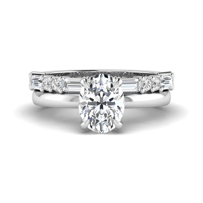 Oval cut lab grown diamond hidden halo bridal ring set featuring baguette and round side diamonds in white gold tone design.