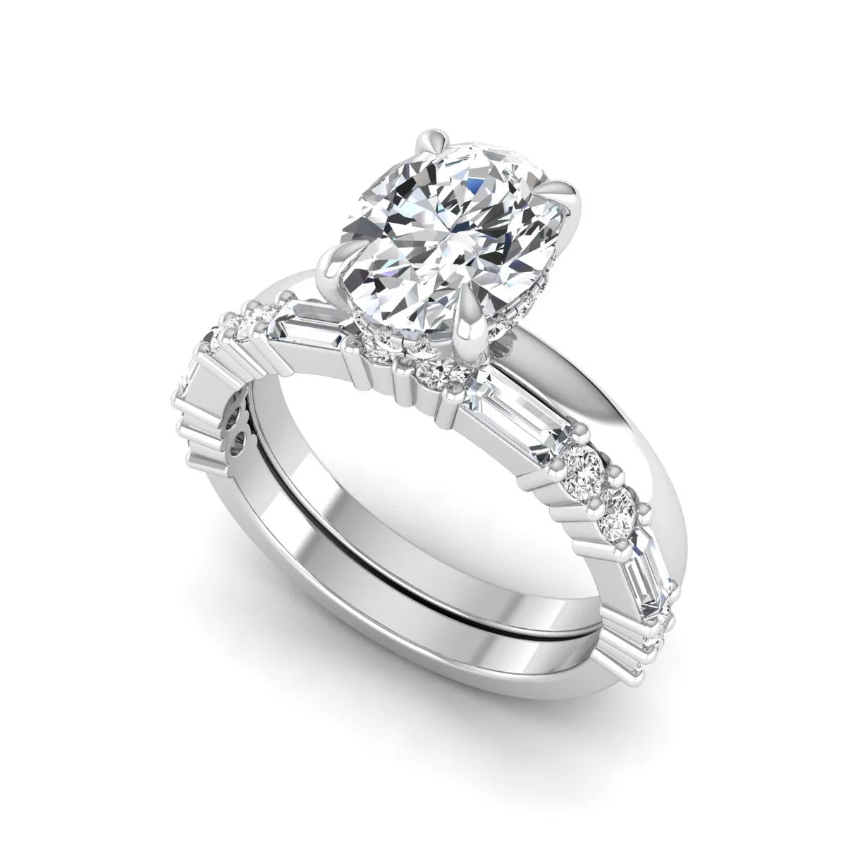 Oval cut lab grown diamond hidden halo bridal ring set featuring baguette and round side diamonds in white gold tone design.
