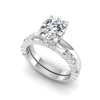 Oval cut lab grown diamond hidden halo bridal ring set featuring baguette and round side diamonds in white gold tone design.