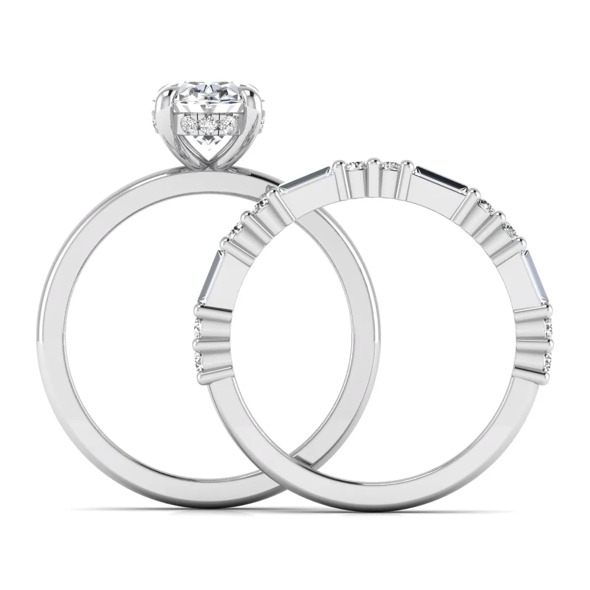 Oval cut lab grown diamond hidden halo bridal ring set featuring baguette and round side diamonds in white gold tone design.