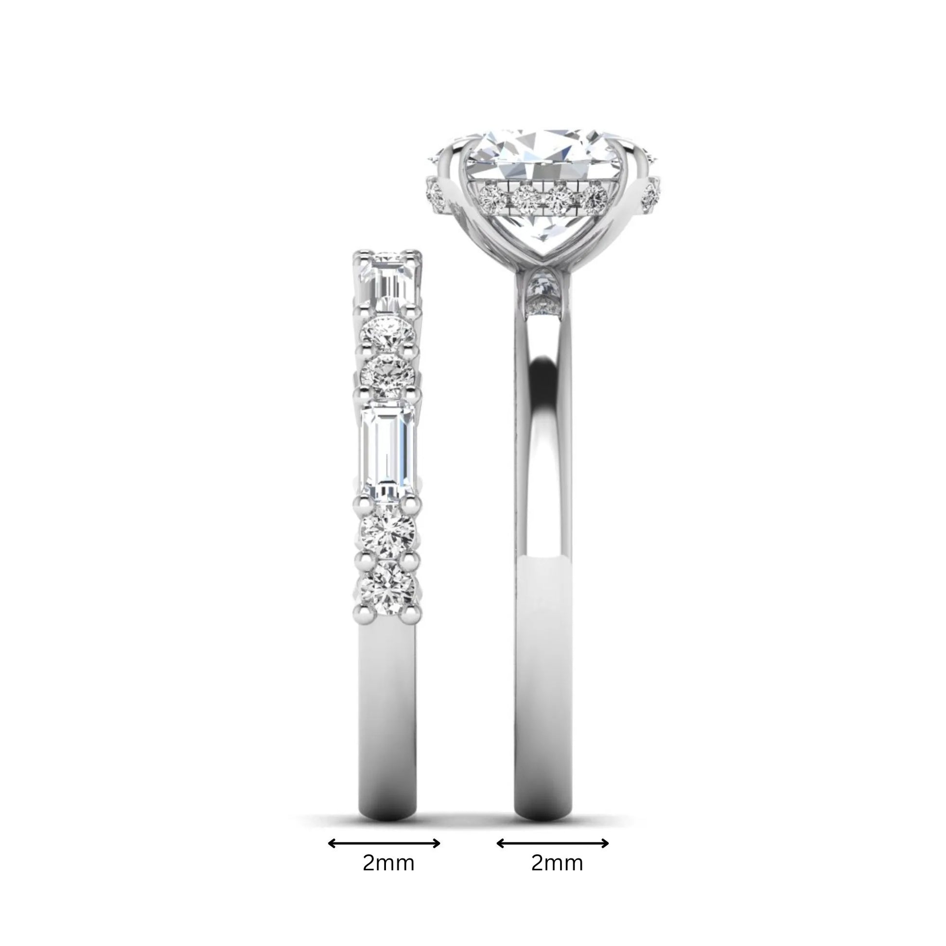 Oval cut lab grown diamond hidden halo bridal ring set featuring baguette and round side diamonds in white gold tone design.
