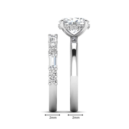 Oval cut lab grown diamond hidden halo bridal ring set featuring baguette and round side diamonds in white gold tone design.