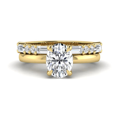 Oval cut lab grown diamond hidden halo bridal ring set featuring baguette and round side diamonds in yellow gold tone design.
