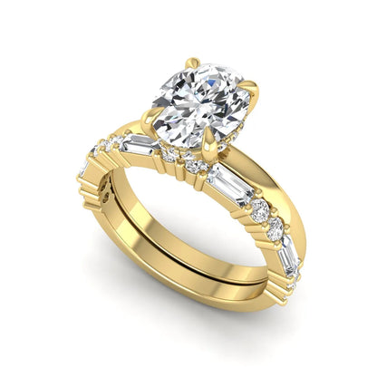 Oval cut lab grown diamond hidden halo bridal ring set featuring baguette and round side diamonds in yellow gold tone design.