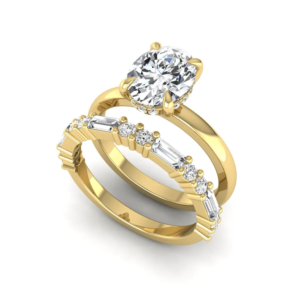 Oval cut lab grown diamond hidden halo bridal ring set featuring baguette and round side diamonds in yellow gold tone design.