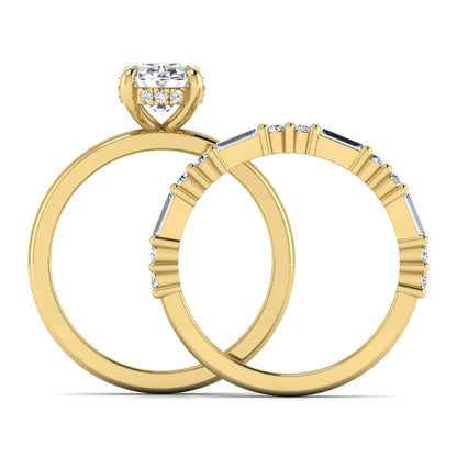 Oval cut lab grown diamond hidden halo bridal ring set featuring baguette and round side diamonds in yellow gold tone design.