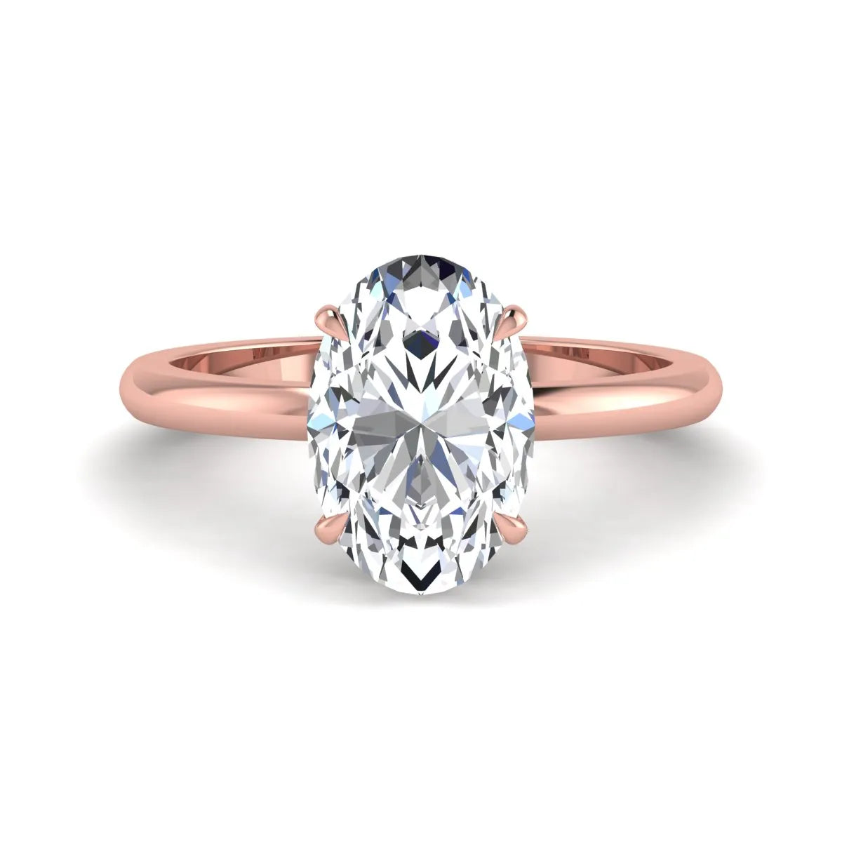 Oval cut hidden halo lab grown diamond engagement ring featuring a 2.99 carat IGI certified center diamond with round hidden halo accents in rose gold.