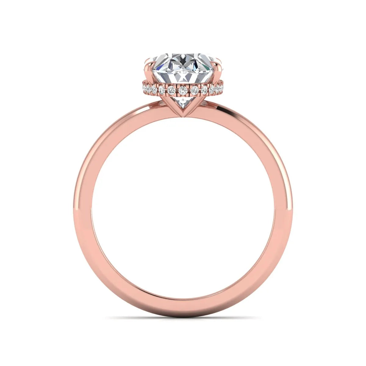 Oval cut hidden halo lab grown diamond engagement ring featuring a 2.99 carat IGI certified center diamond with round hidden halo accents in rose gold.