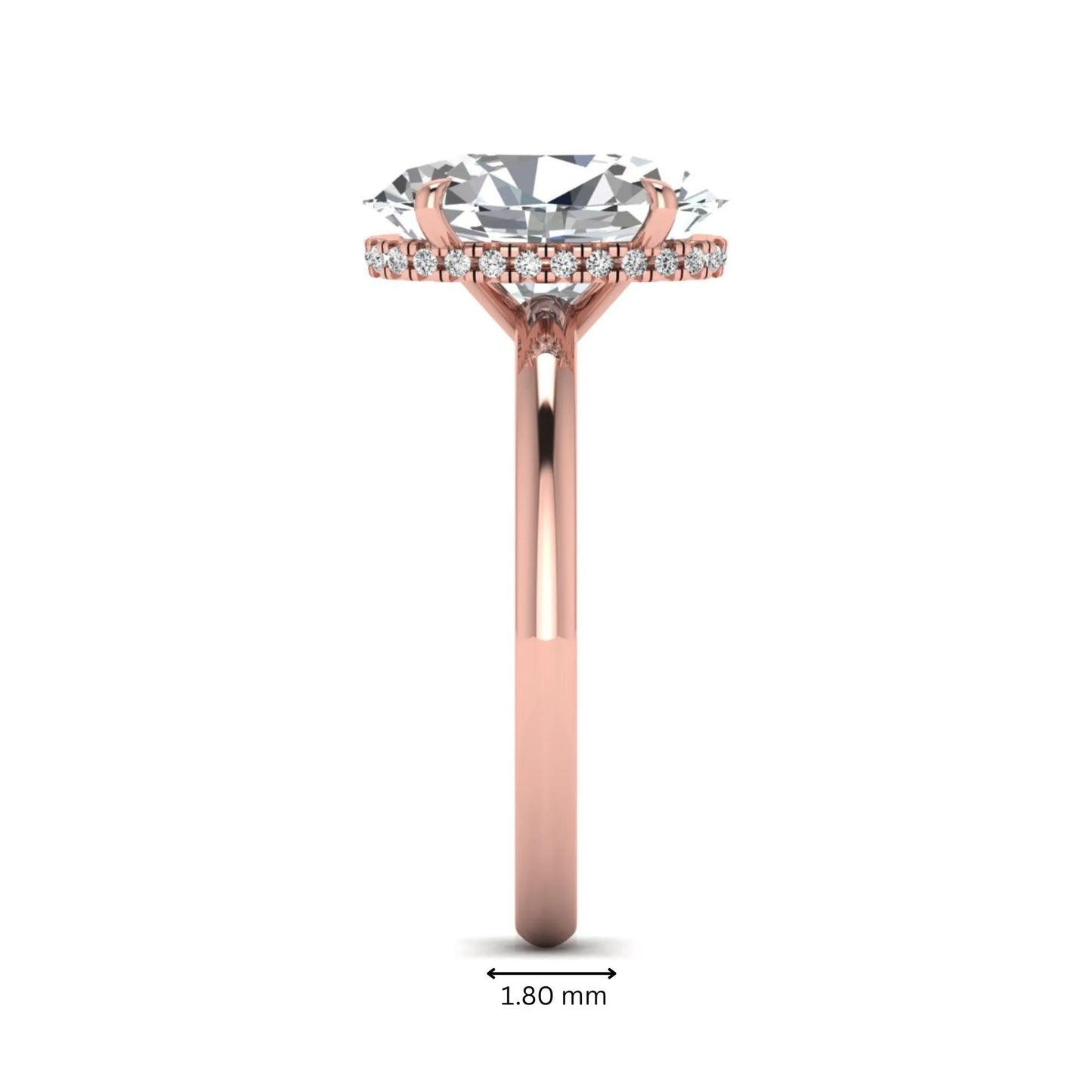 Oval cut hidden halo lab grown diamond engagement ring featuring a 2.99 carat IGI certified center diamond with round hidden halo accents in rose gold.