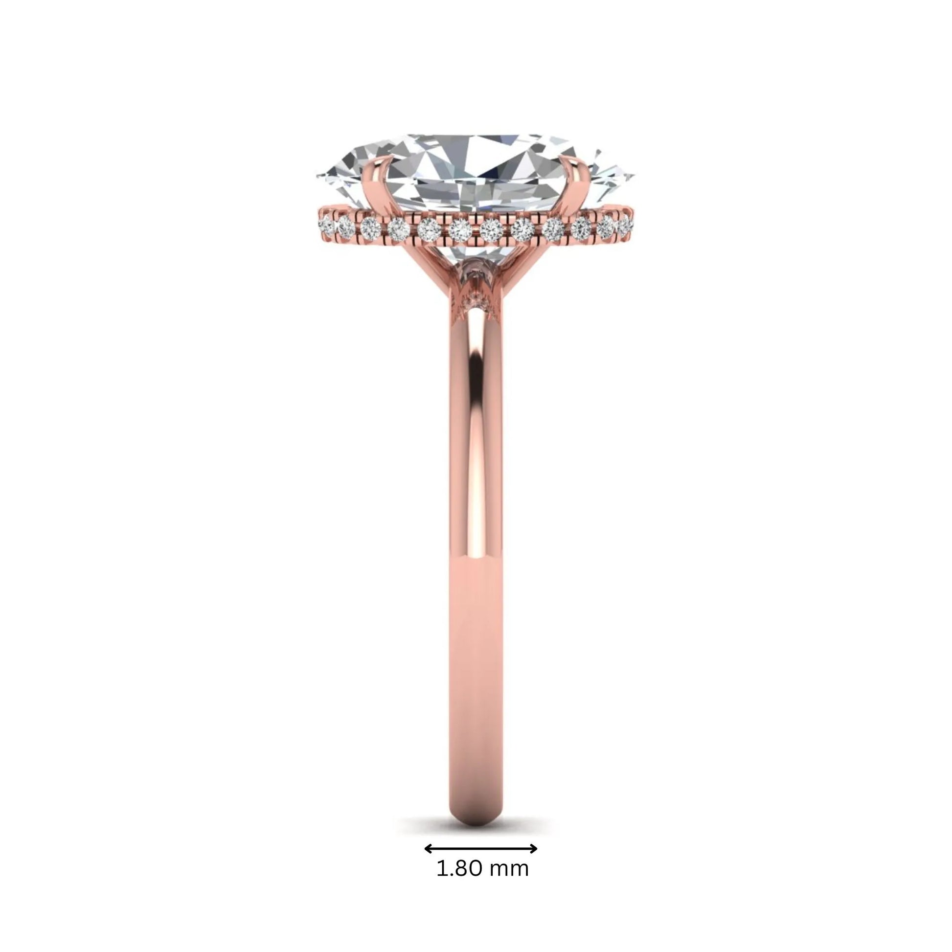 Oval cut hidden halo lab grown diamond engagement ring featuring a 2.99 carat IGI certified center diamond with round hidden halo accents in rose gold.