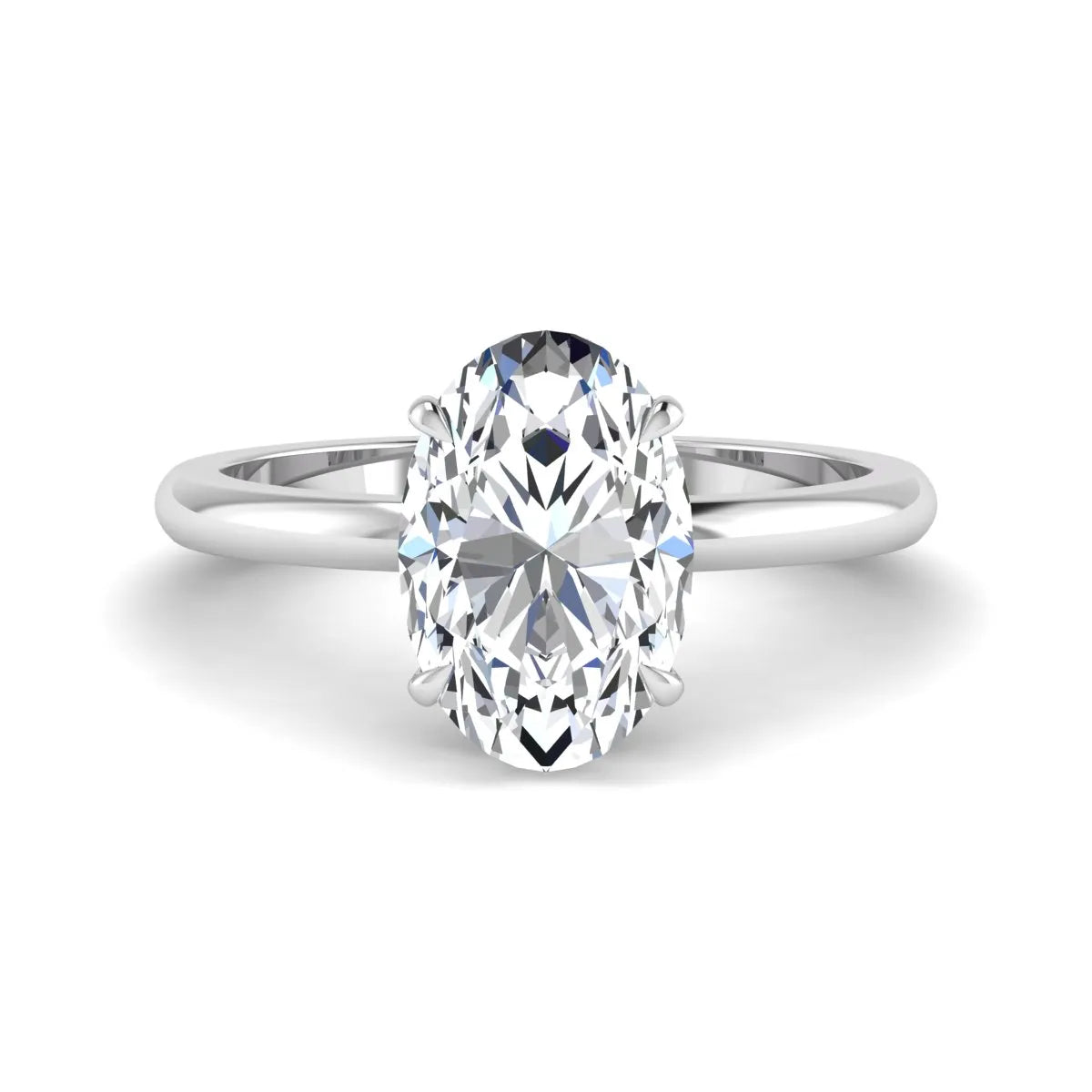 Oval cut hidden halo lab grown diamond engagement ring featuring a 2.99 carat IGI certified center diamond with round hidden halo accents in white gold.