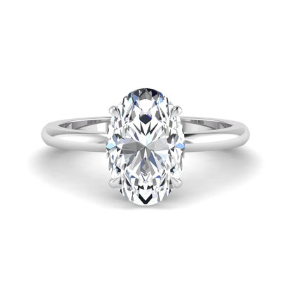 Oval cut hidden halo lab grown diamond engagement ring featuring a 2.99 carat IGI certified center diamond with round hidden halo accents in white gold.