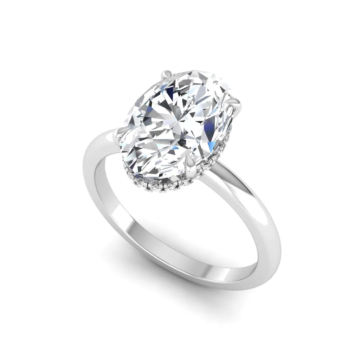 Oval cut hidden halo lab grown diamond engagement ring featuring a 2.99 carat IGI certified center diamond with round hidden halo accents in white gold.