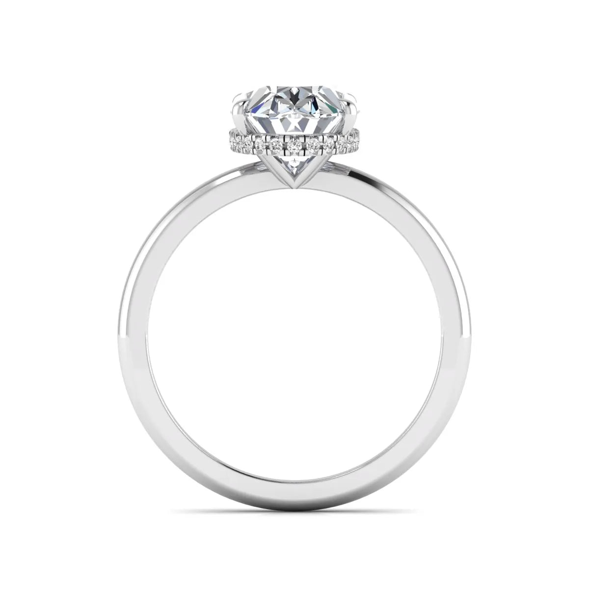 Oval cut hidden halo lab grown diamond engagement ring featuring a 2.99 carat IGI certified center diamond with round hidden halo accents in white gold.