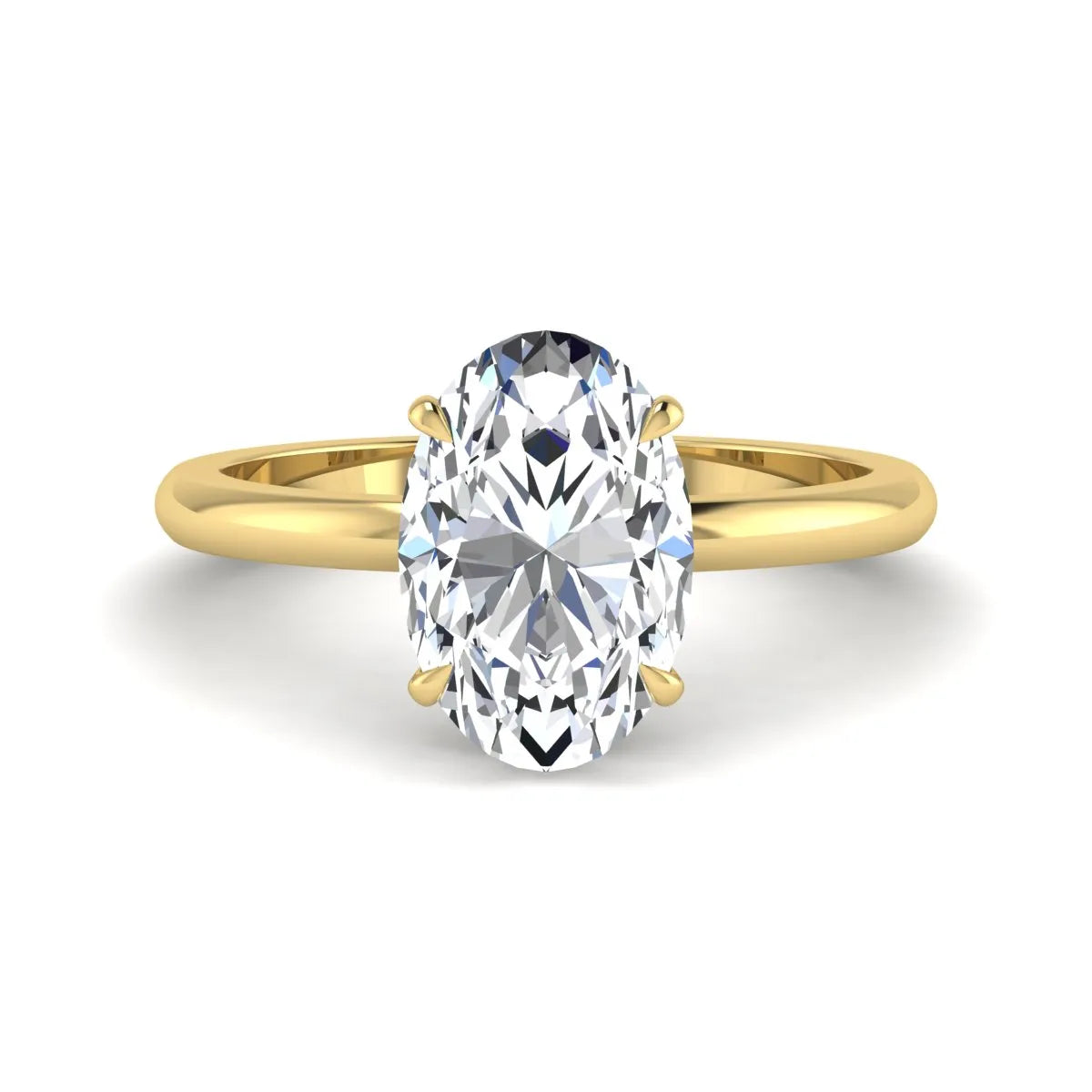Oval cut hidden halo lab grown diamond engagement ring featuring a 2.99 carat IGI certified center diamond with round hidden halo accents in yellow gold.