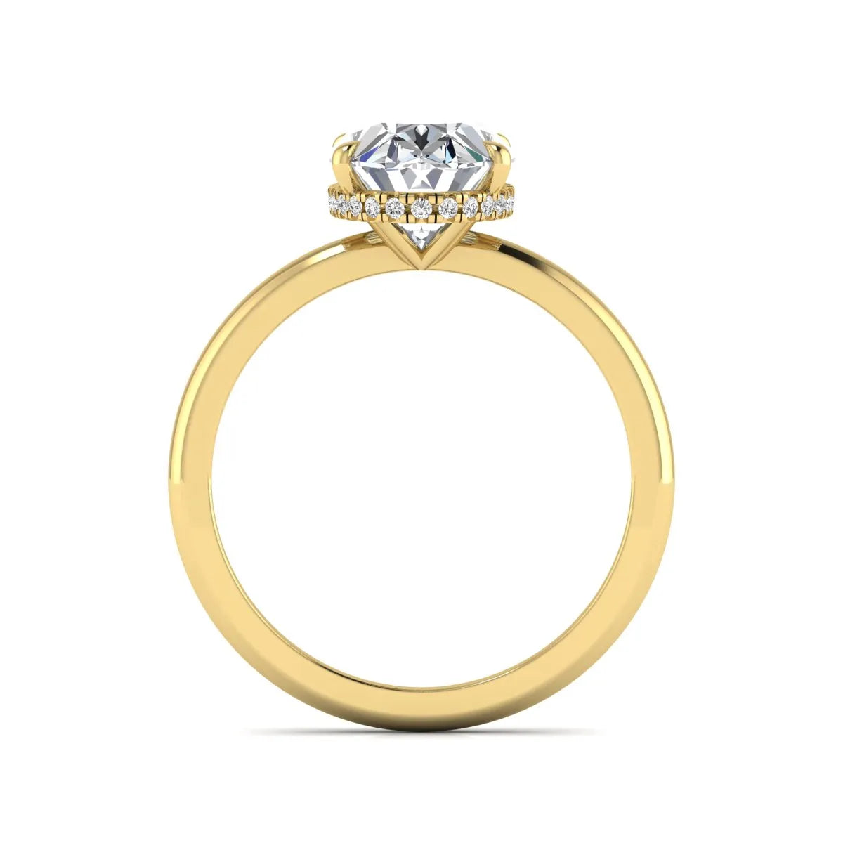Oval cut hidden halo lab grown diamond engagement ring featuring a 2.99 carat IGI certified center diamond with round hidden halo accents in yellow gold.