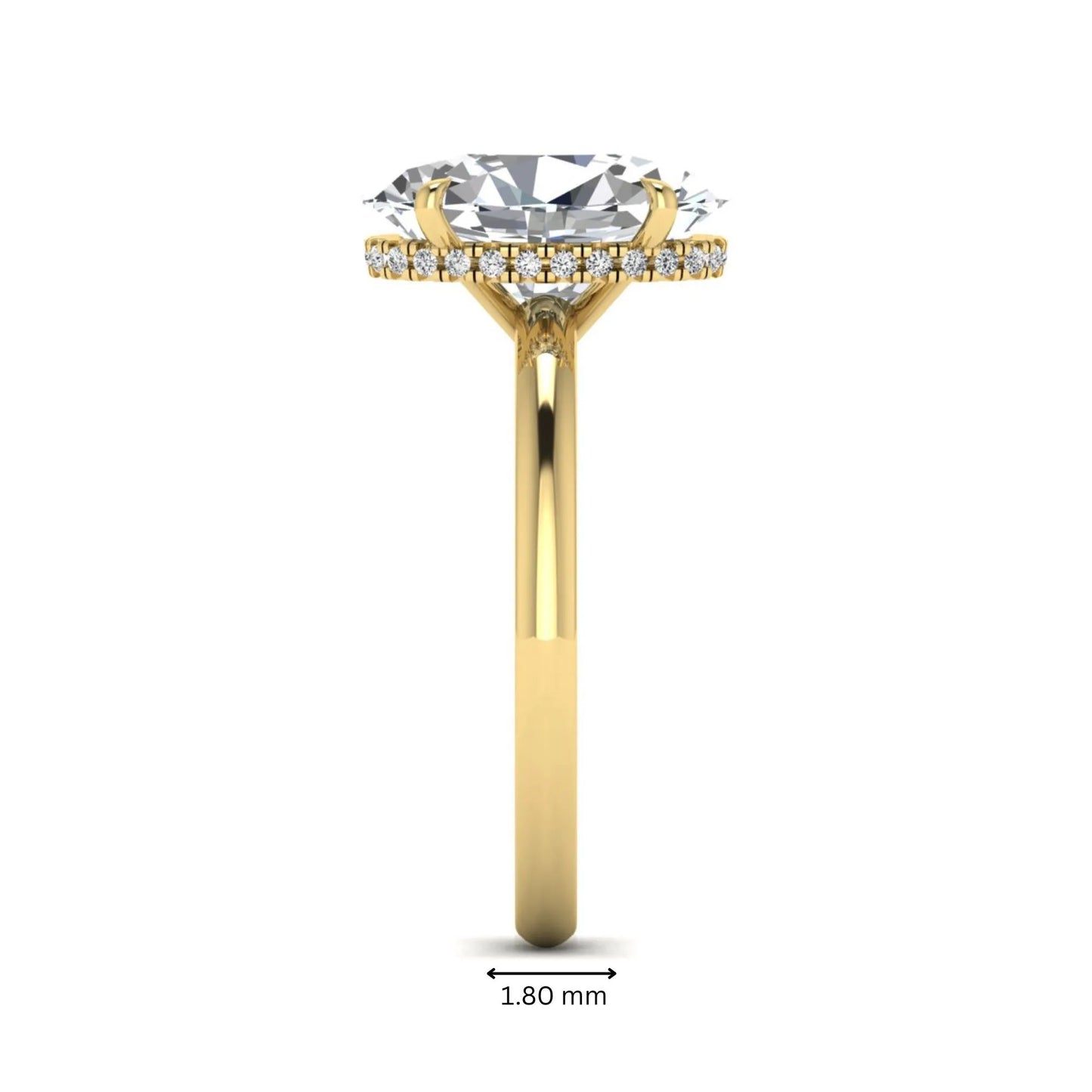 Oval cut hidden halo lab grown diamond engagement ring featuring a 2.99 carat IGI certified center diamond with round hidden halo accents in yellow gold.